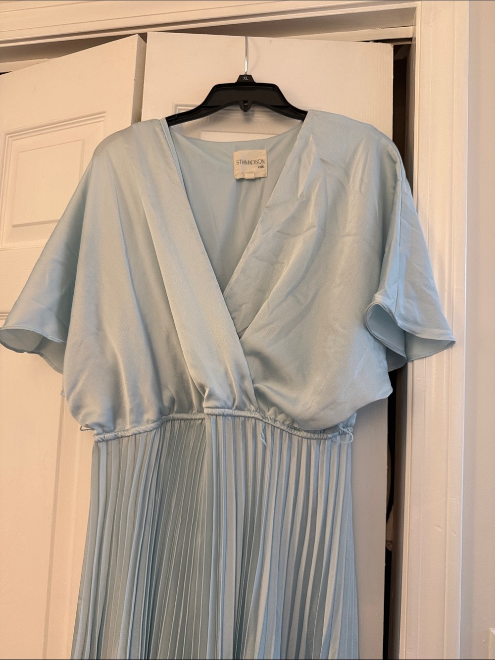 Stand Studio Pale Blue Pleated V-Neck Midi Dress